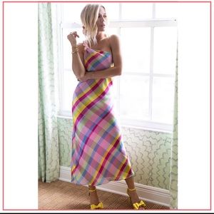 Gianni Bini x Jess Southern Shelby One Shoulder Chain Satin Plaid Midi Dress